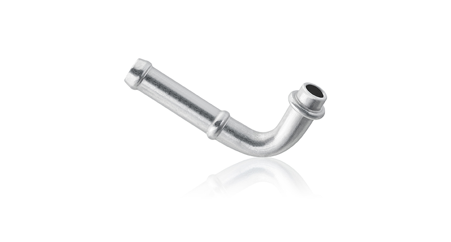 Gebogenes Metallrohr mit Anschluss und Verdickung für Automotive- und Fluidtechnik-Systeme.