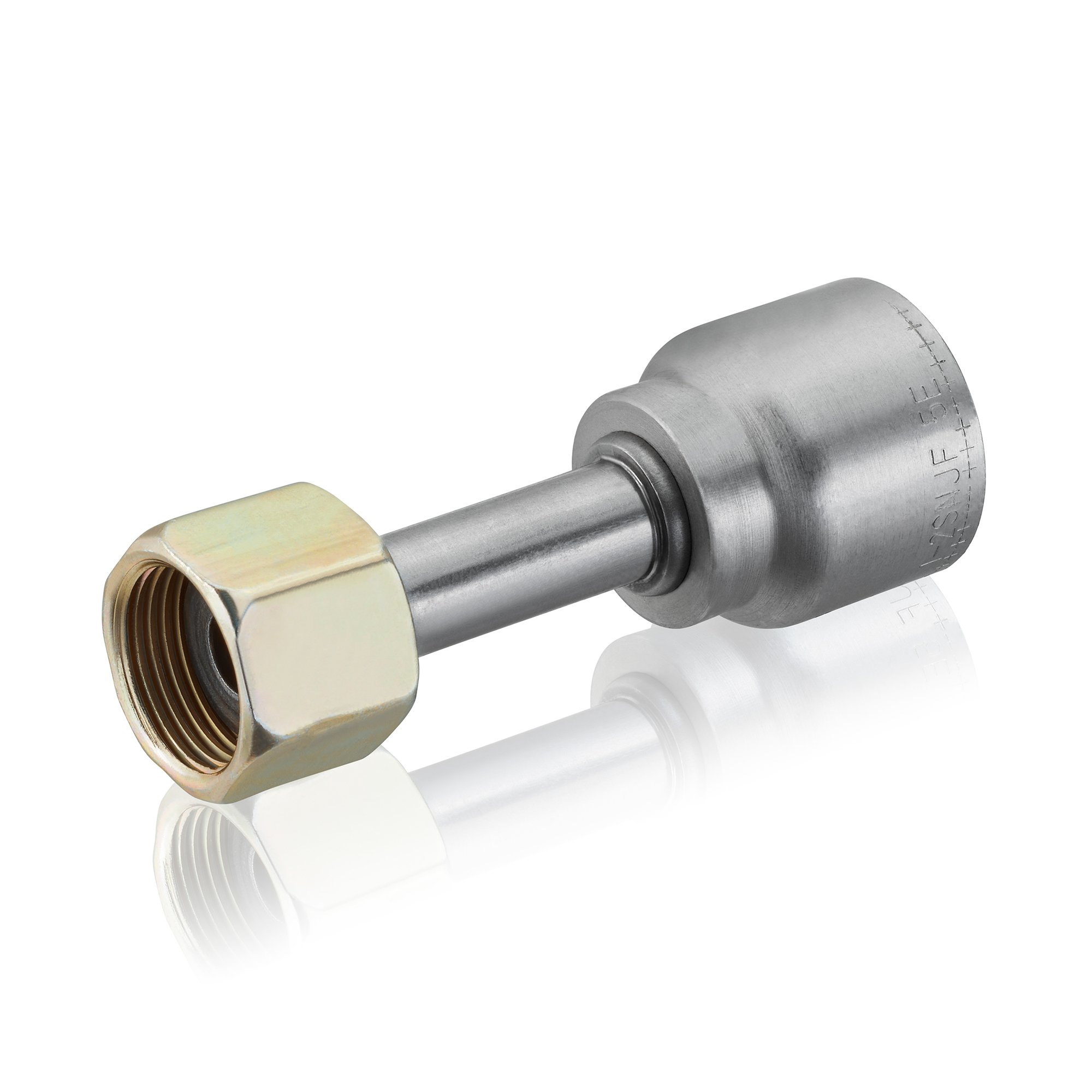 Hydraulikanschluss aus Edelstahl mit Überwurfmutter und Presshülse.